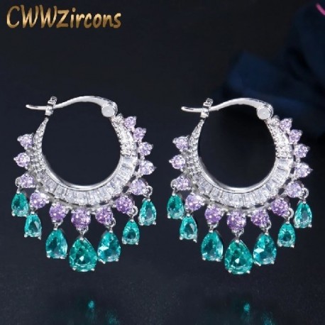 Fém szín: elegáns bojtcsepp - CWWZircons Elegáns Lila Kék CZ Crystal Dangle Vízcsepp Boho Hoop Fülbevaló Divat
