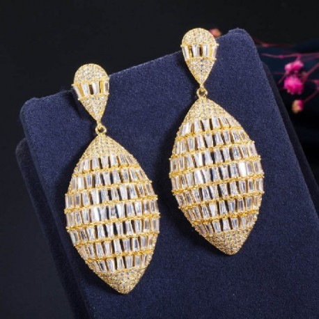 Fém színe: arany - CWWZircons luxus, nagy, csüngő, bagett levelű cirkónia 3 tónusú afrikai aranyozott esküvői női