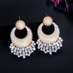 Fém szín: 3 tónusú arany - CWWZircons luxus hosszú nagy csepp cirkónia női esküvői eljegyzési parti indiai aranyozott