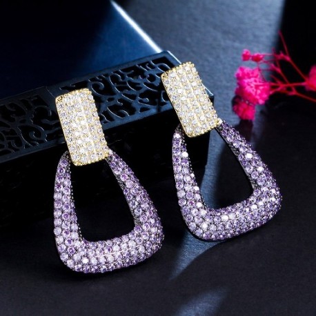 Fém szín: elegáns design - CWWZircons gyönyörű lila cirkónia Full Micro Pave téglalap leejtő hosszú fülbevaló