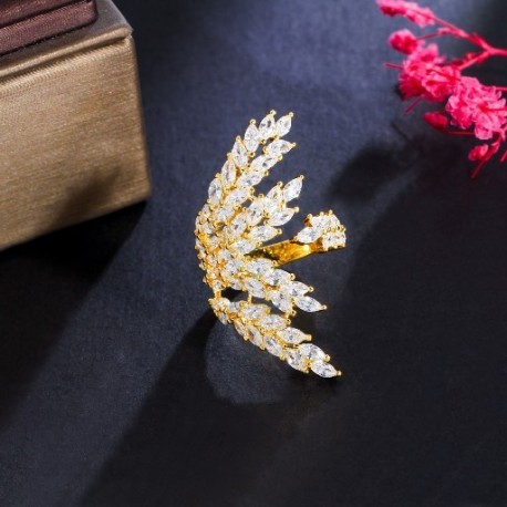 Gyűrű mérete: átméretezhető - CWWZircons levélforma fényes cirkon fehérarany bevonatú női nagy nyitott állítható