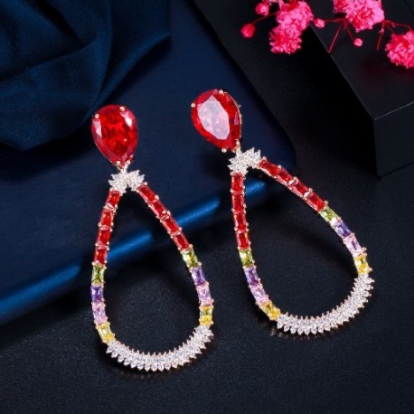 Fém színe: Druzy Red - CWWZircons Druzy CZ Red Crystal nagy kerek, hosszú leejtő fülbevaló nőknek Ünnepi díszbemutató