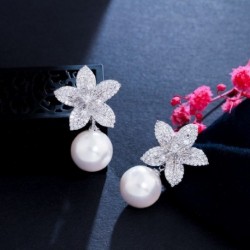 Fém szín: ezüst színű - CWWZircons Noble White Gold Color Dangle Drop Pearl Cubic cirkónia Lovely geometrikus virágos