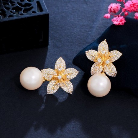 Fém szín: arany színű - CWWZircons Noble White Gold Color Dangle Drop Pearl Cubic cirkónia Lovely geometrikus virágos