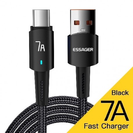 Fekete szín - Essager 7A Type C USB kábel vezeték Samsung S10 Xiaomi Huawei P30 P40 Pro mobiltelefonhoz 100W gyorstöltés
