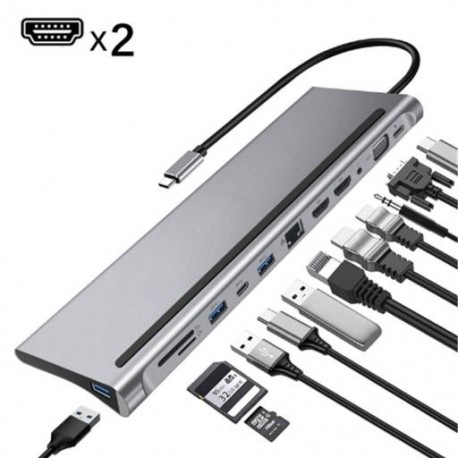 Szín: VGA1 - 12 az 1-ben Fast Type C USB elosztó kettős 4K dokkolóállomáshoz RJ45 Pd HDMI-kompatibilis USB3.0 2.0 töltő