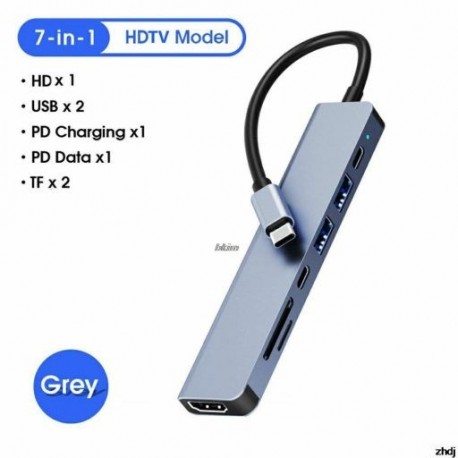 Szín: TF SD PD 7 portok - C típusú HDMI-kompatibilis USB Hét az egyben több interfész HUB Hub Hordozható fémadapter