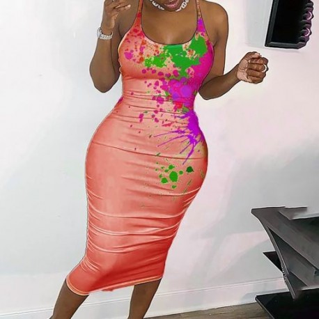 Szín: V13 - CM.YAYA Női Midi ruha Nyomtatott Ujjatlan O-nyakú Hátsó Kivágás Rugalmas Vékony Bodycon Ruhák Szexi Divatos