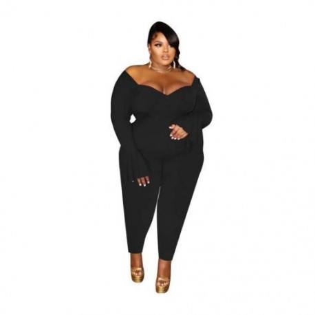 Fekete szín - CM.YAYA Plus Size XL-5XL nyári női kombiné V-nyakú váll nélkül, teljes ujjú Bodycon szexi Night Club