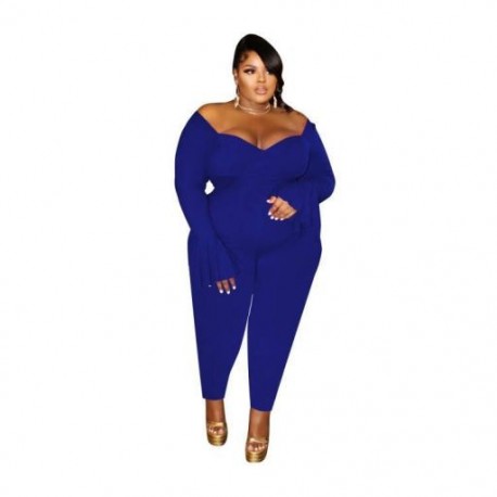 Szín: Sötétkék - CM.YAYA Plus Size XL-5XL nyári női kombiné V-nyakú váll nélkül, teljes ujjú Bodycon szexi Night