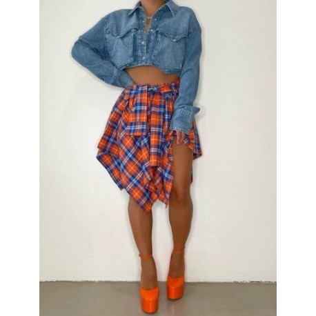 Szín: kék narancs XXL - Y2k Streetwear Plaid Print Aszimmetrikus szoknyák női ruhák Tavaszi divat Janpanse School Kawaii