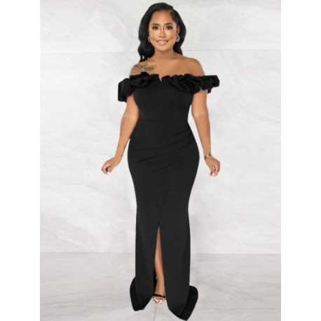 Szín: fekete XL - Vállon kívüli estélyi hosszú parti ruhák női, lépcsőzetes fodros, slash nyakú sellőruha Vintage