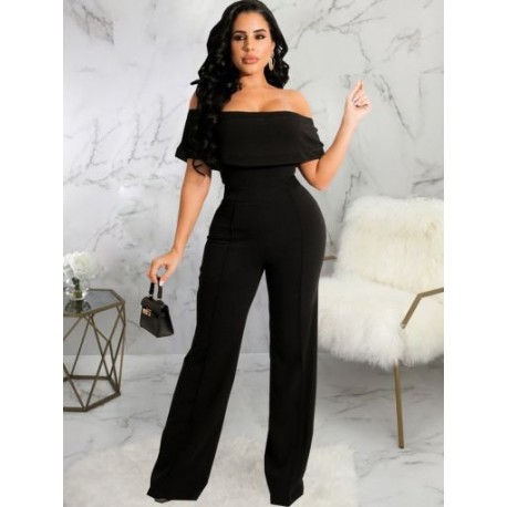 Szín: fekete XXL - Elegáns, divatos, tömör Jumpsuits for Women Slash Neck Kendő Ujj Empire Derék Széles Lábak Szabadidő