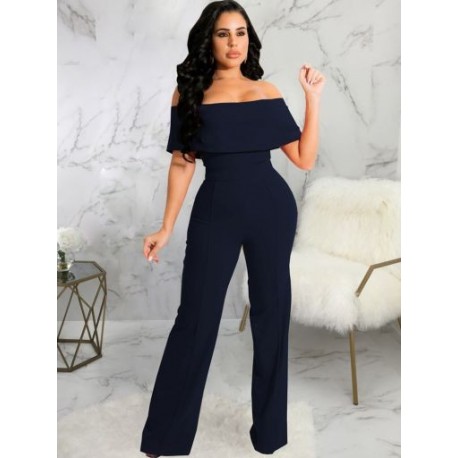 Szín: Navy XXL - Elegáns, divatos, tömör Jumpsuits for Women Slash Neck Kendő Ujj Empire Derék Széles Lábak Szabadidő