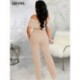 Szín: Navy XXL - Elegáns, divatos, tömör Jumpsuits for Women Slash Neck Kendő Ujj Empire Derék Széles Lábak Szabadidő