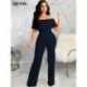 Szín: Navy XXL - Elegáns, divatos, tömör Jumpsuits for Women Slash Neck Kendő Ujj Empire Derék Széles Lábak Szabadidő