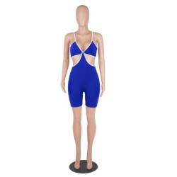 Szín: kék XXL - Spagettipántos Bodycon Rompers Női Játszóruhák Tömör dekoltázsú V-nyakú ujjatlan motoros Body Nyári