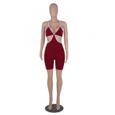 Szín: bordó XXL - Spagettipántos Bodycon Rompers Női Játszóruhák Tömör dekoltázsú V-nyakú ujjatlan motoros Body