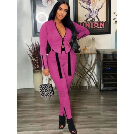 Szín: Rose Red L - Szilárd utcai, kétrészes szett női edzésruhák szexi cipzárral zárható, hosszú ujjú, vékony