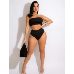 Szín: fekete XXL - 2022-es luxus bikini női nyári fürdőruha pánt nélküli kötszer Crop felső és tömör nadrág szexi