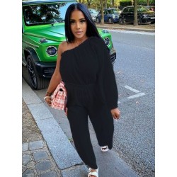 Szín: fekete XL - Egy váll bő nadrág Női Jumpsuit Alkalmi egy hosszú ujjú elasztikus derék, Összességében Egyszerű