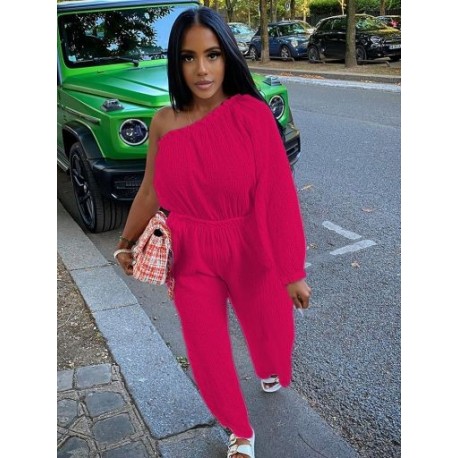 Szín: Rose XL - Egy váll bő nadrág Női Jumpsuit Alkalmi egy hosszú ujjú, elasztikus derék, Összességében Egyszerű