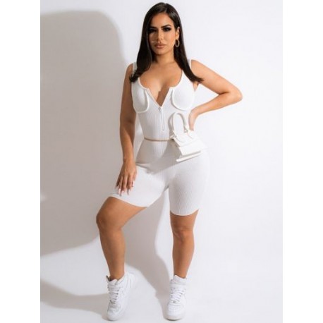 Szín: fehér XL - Nyári, szolid, rugalmas Bodycon bordázott kombik Női karcsú, alkalmi, vékony utcai ruházat Active