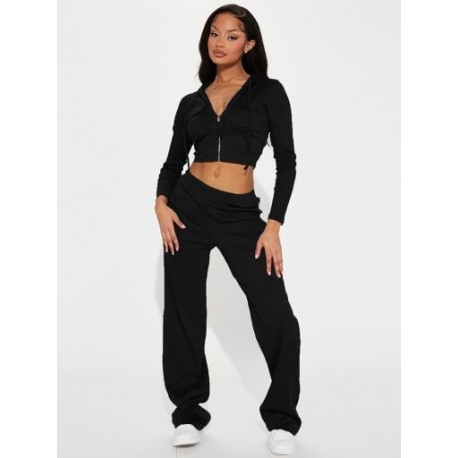 Szín: fekete XL - Egyszerű női kötött öltöny, alkalmi divatos, cipzáras kapucnis hosszú ujjú pulóver és edzés