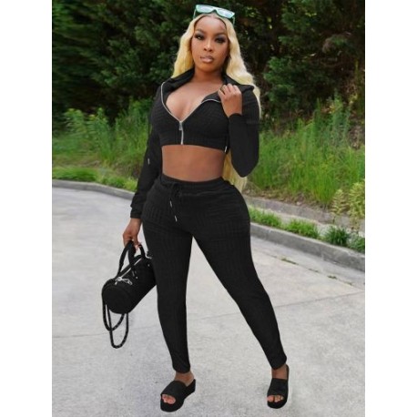 Szín: fekete L - Őszi téli kétrészes szett női hosszú ujjú kapucnis cipzáras Crop Jacker és csípő húzózsinóros
