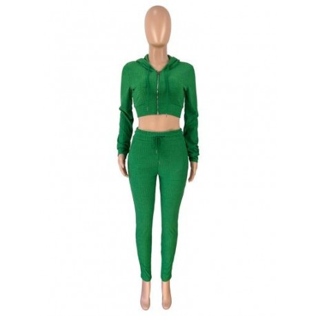 Szín: zöld L - Őszi téli kétrészes szett női hosszú ujjú kapucnis cipzáras Crop Jacker és csípő húzózsinóros