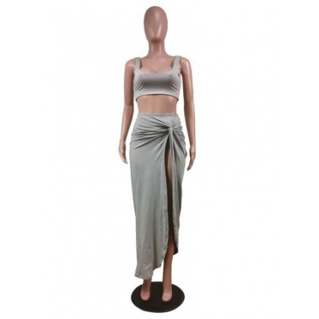 Szín: szürke L - Női, egyszínű, alacsony nyakú, ujjatlan, akasztófelső, derékrészen drapériás, magasan hasított