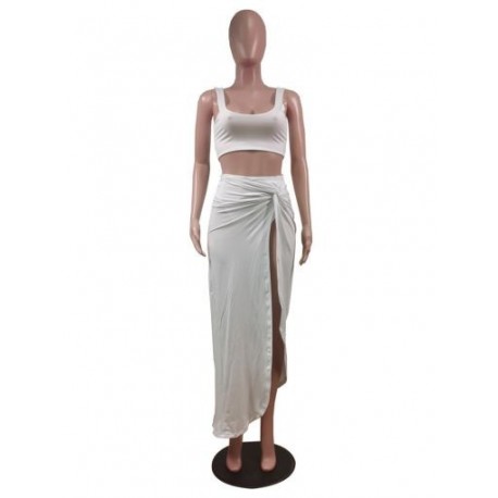Szín: fehér L - Női, egyszínű, alacsony nyakú, ujjatlan, csípős felső, derékrészen, magasan hasított maxiszoknyák,