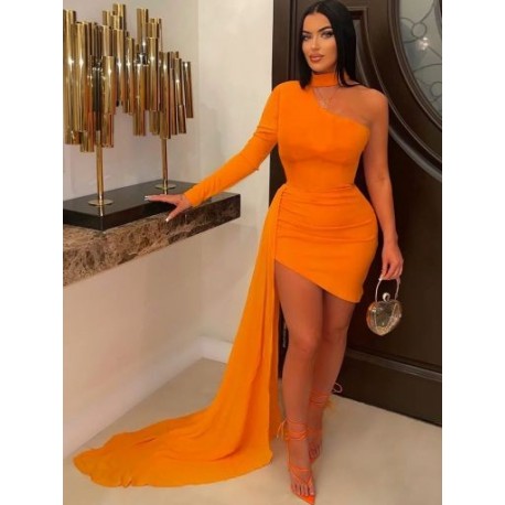 Szín: narancssárga XL - Ferde váll alakformáló koktélos mini ruha női hosszú ujjú, oldalsó szalagos báli ruhák Szexi