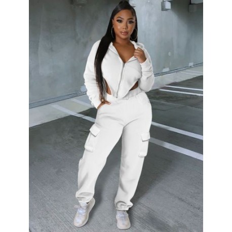 Szín: fehér L - Hétköznapi sportos, kétrészes kocogóruhák női cipzáras kapucnis hosszú ujjú pulóverrel és