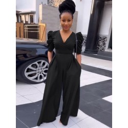 Szín: fekete M - Irodai női női mély V nyakú puff rövid ujjú, széles lábú jumpsuit Elegáns, magas derekú hátú