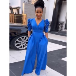 Szín: kék M - Office Lady Női Mély V nyakú puff rövid ujjú, széles lábú jumpsuit Elegáns, magas derekú, cipzárral