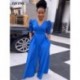 Szín: kék M - Office Lady Női Mély V nyakú puff rövid ujjú, széles lábú jumpsuit Elegáns, magas derekú, cipzárral