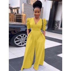 Szín: sárga M - Irodai női női mély V nyakú puff rövid ujjú, széles lábú jumpsuit Elegáns, magas derekú hátú