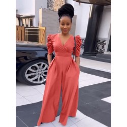 Szín: görögdinnye vörös M - Office Lady Női Mély V nyakú puff rövid ujjú, széles lábú jumpsuit Elegáns, magas