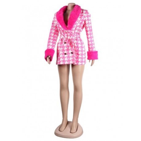 Szín: rózsaszín XL - Houndstooth Print női műszakkabátok őszi tél plüss patchwork egyenes meleg kabát Vintage női