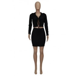 Szín: fekete XL - Tetszetős, tömör, kétrészes szoknyakészletek női nyakkendős elöl, hosszú ujjú Crop felsőkhöz és