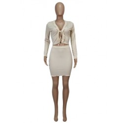 Szín: sárgabarack XL - Vonzó, tömör, kétrészes szoknyakészletek női nyakkendős elülső hosszú ujjú Crop felsőkhöz