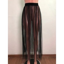 Szín: fekete XXL - Átlátszó, tömör hálós, redőzött maxi szoknya Női Nyári Magas derekú Ünnep Strandruhák