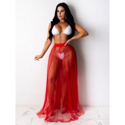 Szín: piros XXL - Átlátszó, tömör hálós, redőzött maxi szoknya Női Nyári Magas derekú Ünnep Strandruhák Szoknyák