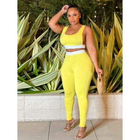 Szín: sárga L - Nyári futó patchwork, 2 részes edzéskészletek női, ujjatlan, hát nélküli Crop felsővel és