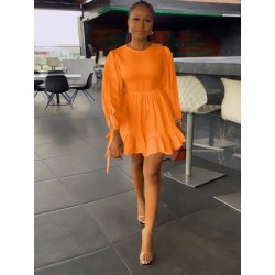 Szín: narancssárga L - Egyszerű, osztott lámpás, hosszú ujjú, A-vonalú női ruha tömör nyakú, magas derekú,