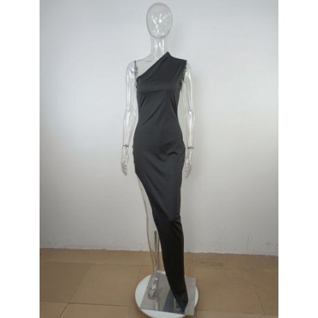 Szín: fekete L - Ferde gallérral oldalt magasan hasított estélyi maxi ruha Női Ujjatlan csomag Csípőruhák Luxus tömör