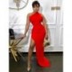 Szín: piros L - Ferde gallérral oldalt magasan hasított estélyi maxi ruha Női Ujjatlan csomag Csípőruhák Luxus tömör