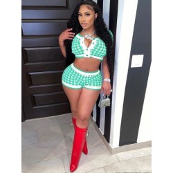 Szín: zöld XL - Vintage stílusú kockás, kétrészes rövid szettek Streetwear női Y2k ruhák 2022-es gombokkal felfelé