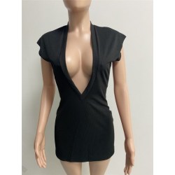 Szín: fekete L - Mély V-nyakú, rövid ujjú női póló mini ruhák nyári alkalmi dekoltázs, rugalmas bordázott Bodycon